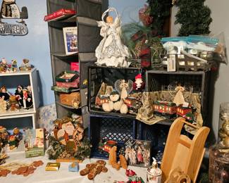 Ceramic Christmas Trains and wooden Christmas Sled Decor