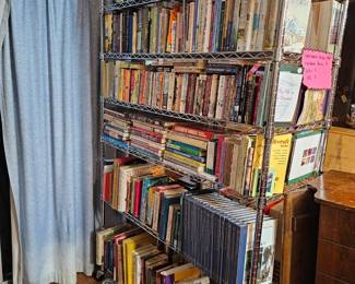 Books, DVDs, VHS, encyclopedias, cookbooks, etc.  Lots of Christian Reference and Christian and historical romance novels. 