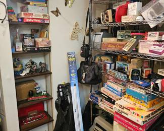 Some tools, drafting set, tripods, antique board games, typewriters