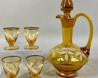 Amber Glass Decanter and Cordial Glasses