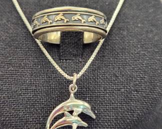  925 Sterling Silver Dolphin Ring & Necklace 