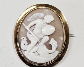 14K Gold Framed St Goran & The Dragon Cameo Brooch