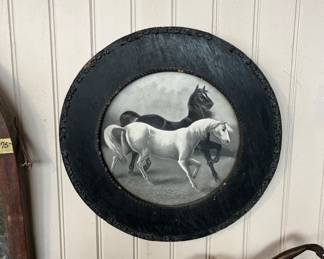 Vintage horse, print in round frame