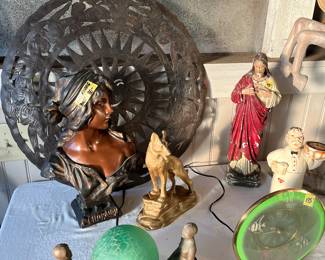 Art Deco lamps, chalk, figures, hand, cut, sun, wall art.