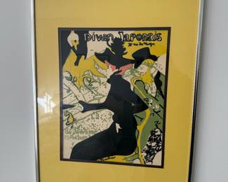Framed advertising poster titled "Divan Japonais" by Henri de Toulouse-Lautrec