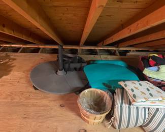 umbrella and stand; cushions