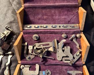 Antique Singer sewing oak puzzle box & attachments