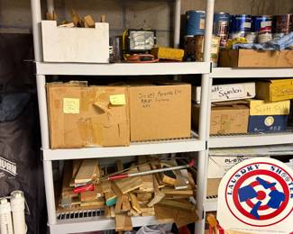 misc. wood, paints, shelving
