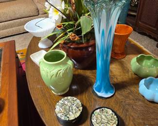 Glass vases and Alamo pottery, abalone coasters