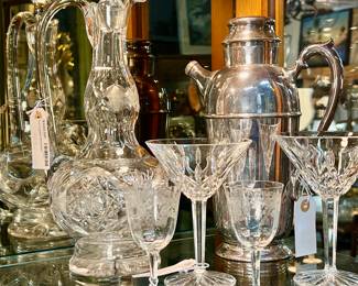Pair of Waterford Lismore Martini Glasses, Pair of Vintage Fostoria Cordial Glasses, Sheffield Silver plated Martini Shaker