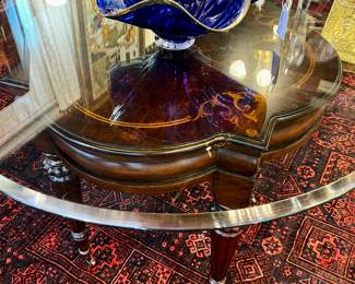 Original Glass Art Bowl, signed. Ethan Allen Side Table on Coasters