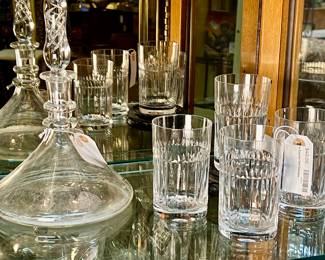 Crystal Highball Glasses, Antique Slice and Flute Glass Decanter