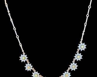 Blue Rhinestone Gold Toned Flower Necklace 