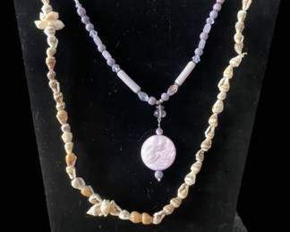 2 Necklaces Lavender Beaded Seashells 