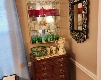 Nice 4 drawer server. Handpainted Nippon chocolate set. Beautiful emerald cut to clear glass bowl, plus more.