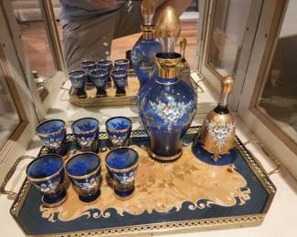Vintage Murano glass cobalt & gold decanter with 6 glasses & bell made in Italy.