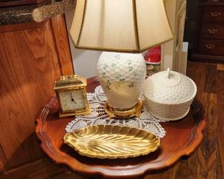Belleek lamp & covered dish.