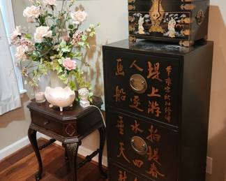 Oriental filing cabinet, oriental jewelry box, beautiful pink milkglass compote.