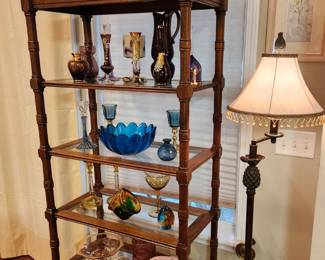 Glass, wood & woven shelves. Very unusual art glass & depression glass.