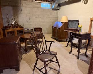 SEVERAL WOODEN ITEMS, SECRETARY, CHAIR, CABINET, ROUND TABLE