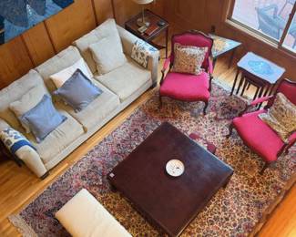 RUG, SQUARE COFFEE TABLE, SOFA BED LAMP, CHAIRS, PAINTED NESTING TABLES