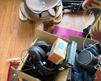 Carved turtle bowls, cameras, electronics