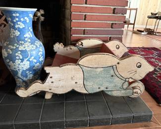 Vintage rabbit child's, wagon toy, Blue & white cherry blossom antique vase