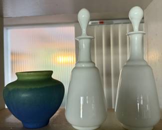 Milk glass decanters, antique pottery