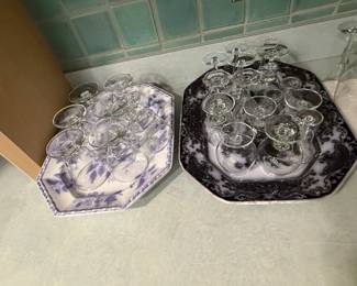 Blue flow & Mulberry transferware, antique glasses