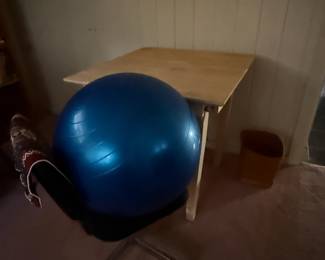 Office chair, exercise ball, work table