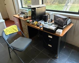 Vintage electronics, work table, file cabinets