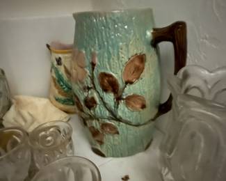 Majolica pitcher, vintage glass