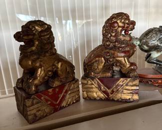 Pair old wood Chinese guardian lions, (Foo Dogs)