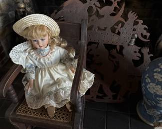 Haitian metalwork, antique child's cane chair, doll