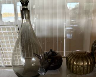 Smoke glass decanter, trinket boxes