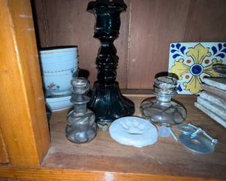 Sterling wrapped perfume bottles, Green glass candlestick holders