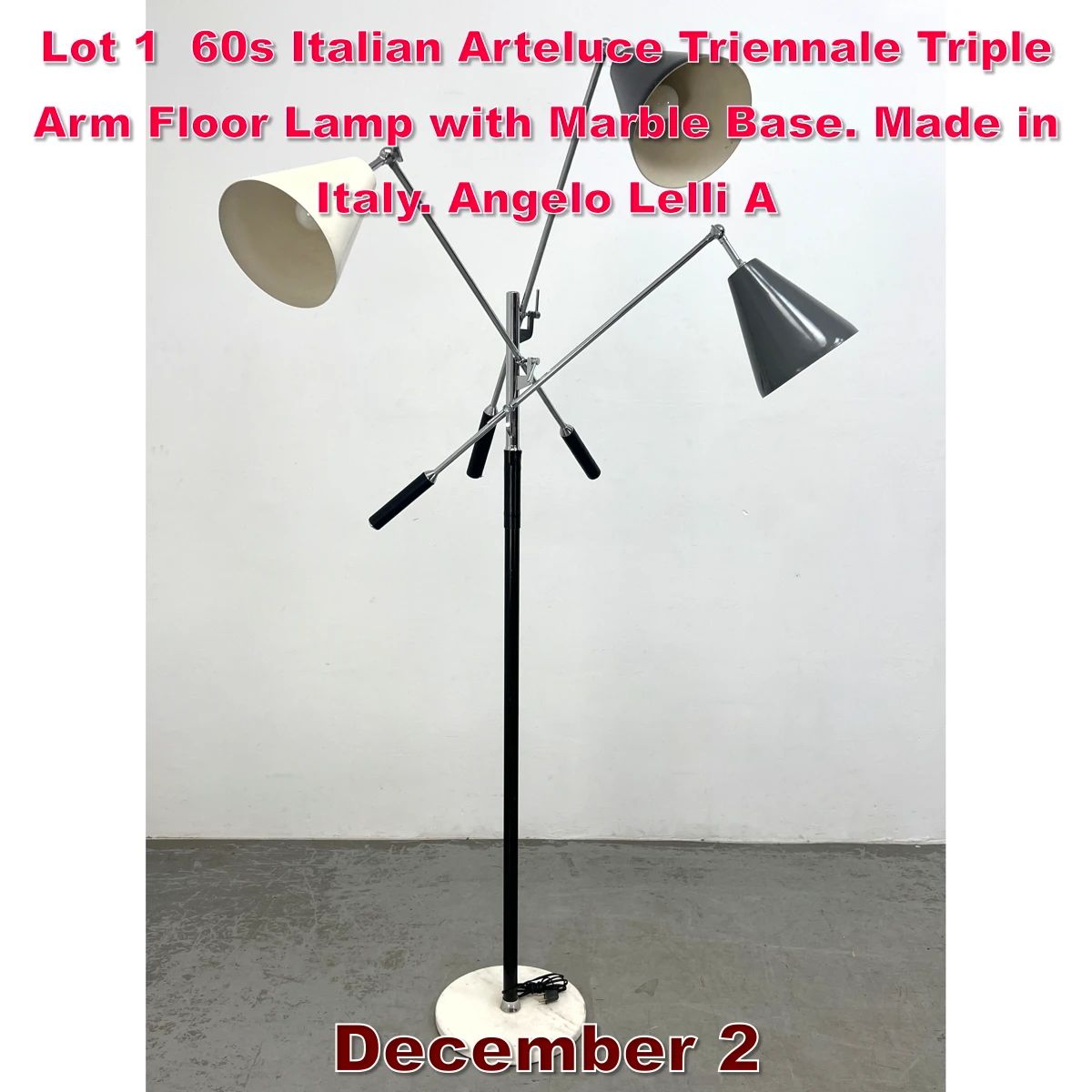 Lot 1 60s Italian Arteluce Triennale Triple Arm Floor Lamp with Marble Base. Made in Italy. Angelo Lelli A