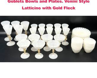 Lot 51 48pc Vintage Murano Venetian Glass Goblets Bowls and Plates. Venini Style Latticino with Gold Fleck