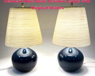 Lot 214 Pair Bostlund Lotte Danish Modern Denmark Blue Glaze Ceramic Lamps with Original Shades
