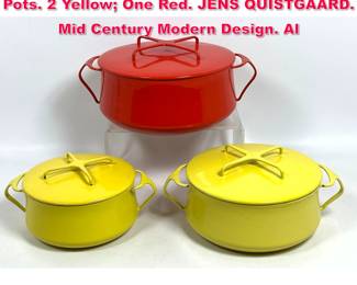 Lot 397 3pcs DANSK Kobenstyle Lidded Pots. 2 Yellow One Red. JENS QUISTGAARD. Mid Century Modern Design. Al