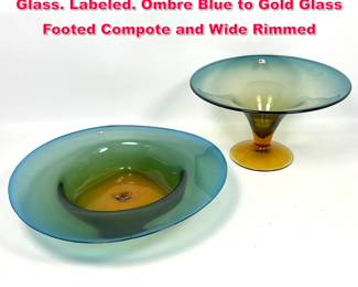 Lot 70 2pc BLENKO American MCM Art Glass. Labeled. Ombre Blue to Gold Glass Footed Compote and Wide Rimmed