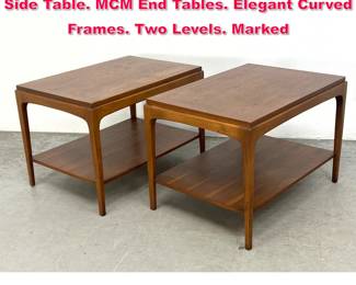 Lot 142 Pr LANE American Modern Walnut Side Table. MCM End Tables. Elegant Curved Frames. Two Levels. Marked