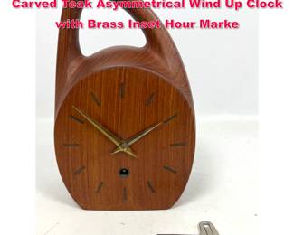 Lot 48 60s Danish Modern Denmark Artisan Carved Teak Asymmetrical Wind Up Clock with Brass Inset Hour Marke