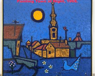 Lot 92 LAZAR VUJAKLIJA oil on canvas Painting Town at Night, 1968.