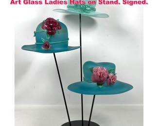 Lot 212 Set 3 BRIAN BRENNO Hand Blown Art Glass Ladies Hats on Stand. Signed.
