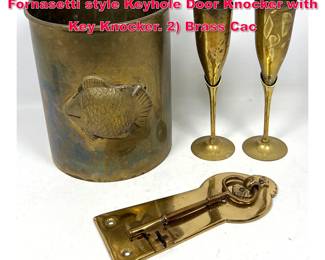 Lot 217 4pc Brass Lot. 1 Vintage Brass Fornasetti style Keyhole Door Knocker with Key Knocker. 2 Brass Cac