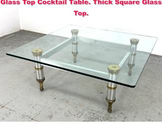 Lot 295 Regency Stainless and Brass Trim Glass Top Cocktail Table. Thick Square Glass Top.
