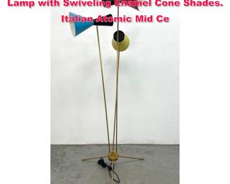 Lot 33 Stilnovo Style Articulated Brass Floor Lamp with Swiveling Enamel Cone Shades. Italian Atomic Mid Ce