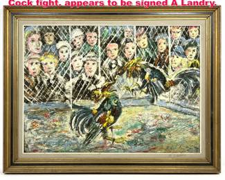 Lot 229 Signed Modernist Painting on Board. Cock fight. appears to be signed A Landry.