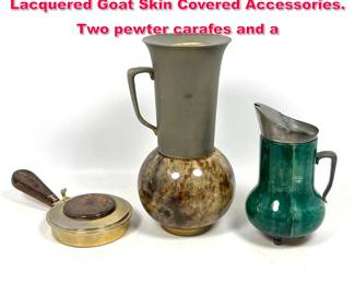 Lot 157 3pcs Mid Century Italian Aldo Tura Lacquered Goat Skin Covered Accessories. Two pewter carafes and a